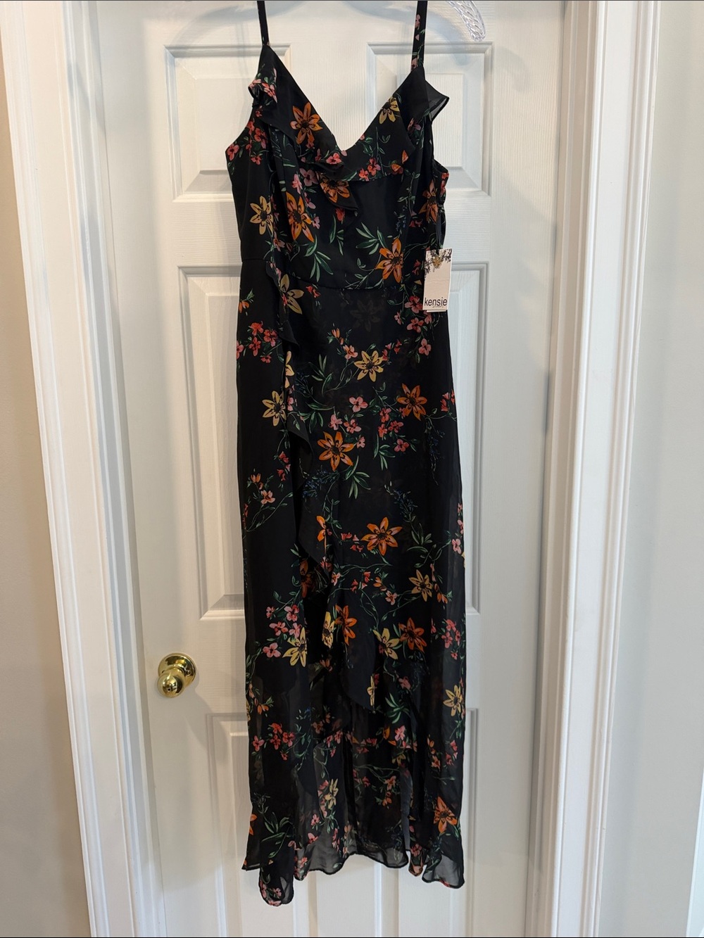 Kensie Black Floral Ruffle Maxi Dress